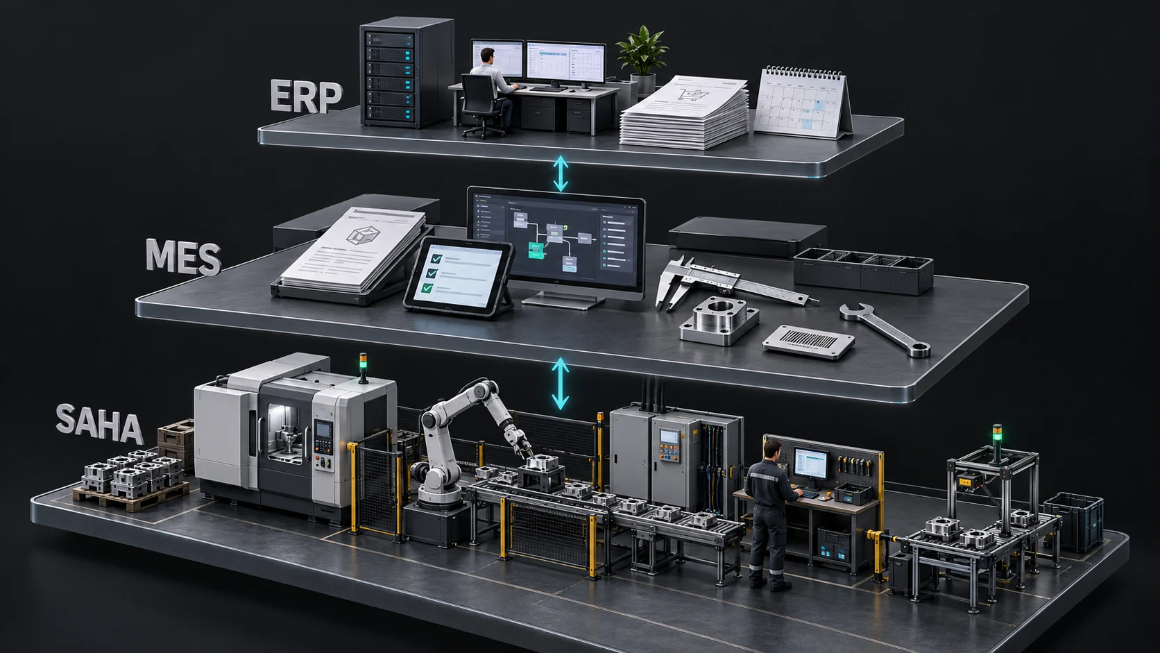 ERP planlama, MES üretim operasyonları ve fiziksel sahanın çift yönlü veri alışverişini gösteren üç katmanlı 3D anlatım.