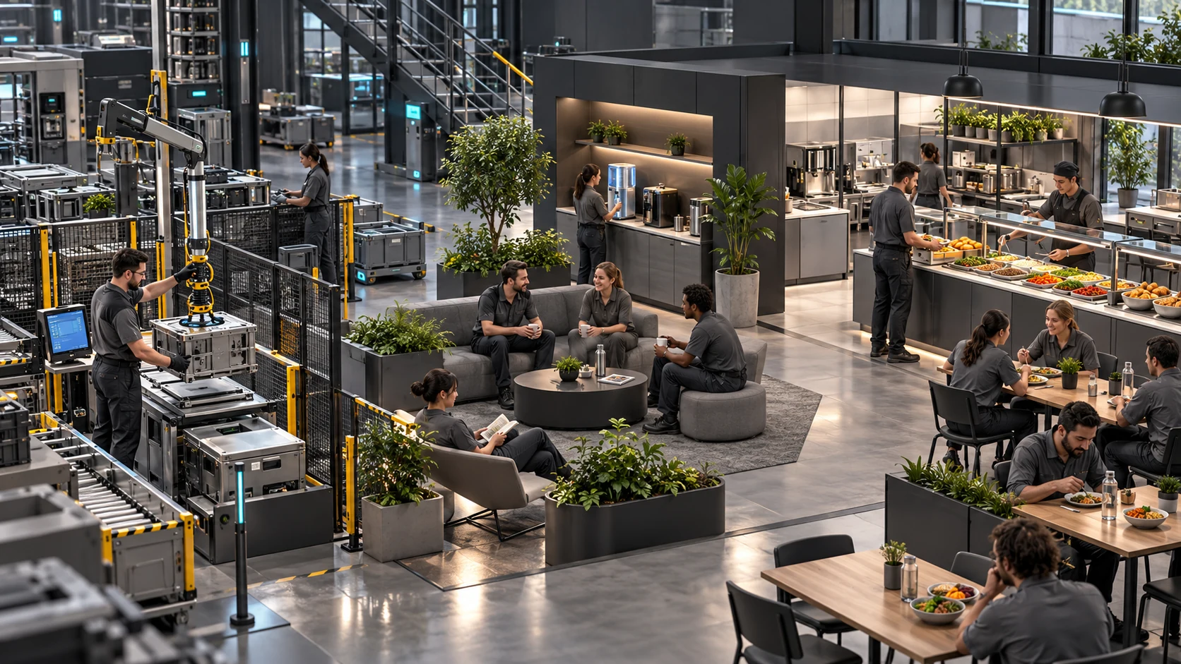 Ergonomik üretim alanı, dinlenme bölümü, içme suyu ve çeşitli öğün seçenekleri bulunan insan odaklı fabrika.